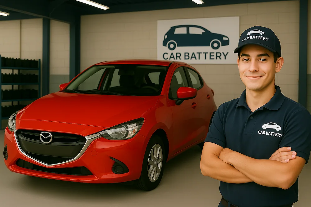 Mecánico de Carbattery Bogotá junto a un mazda 2