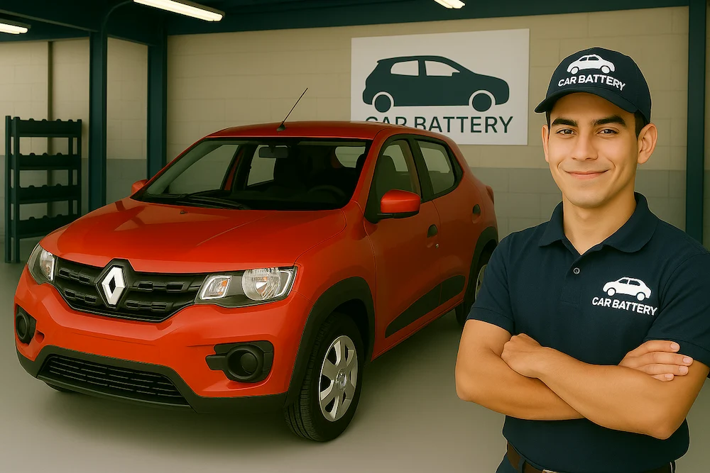 Mecanico de carbattery Bogotá en el taller al lado de unRenault Kwid