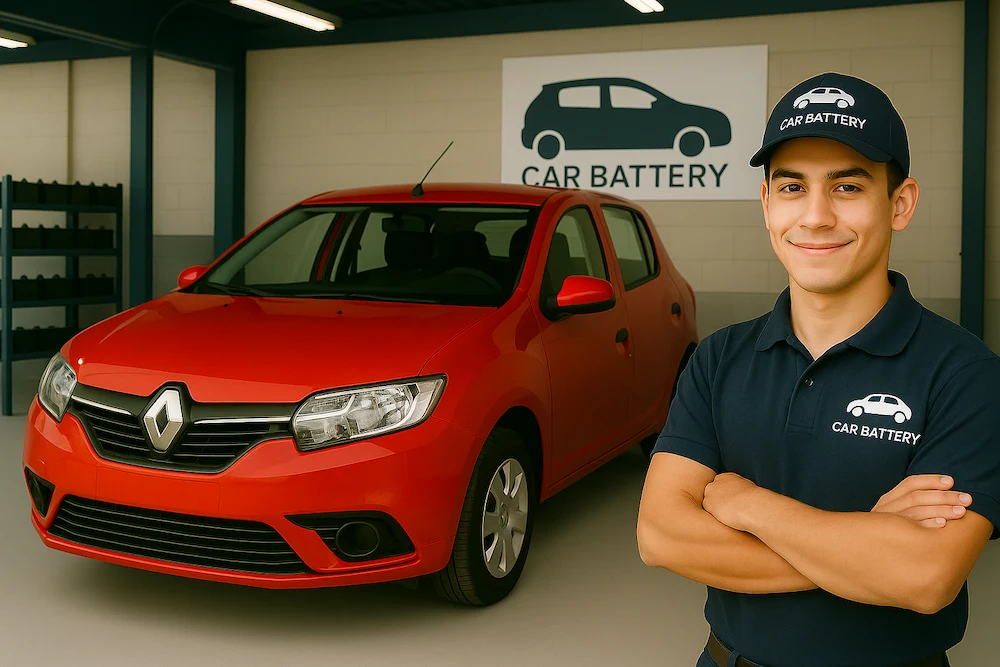 Mecánico de Carbattery Bogotá en el taller al lado de un Renault Sandero
