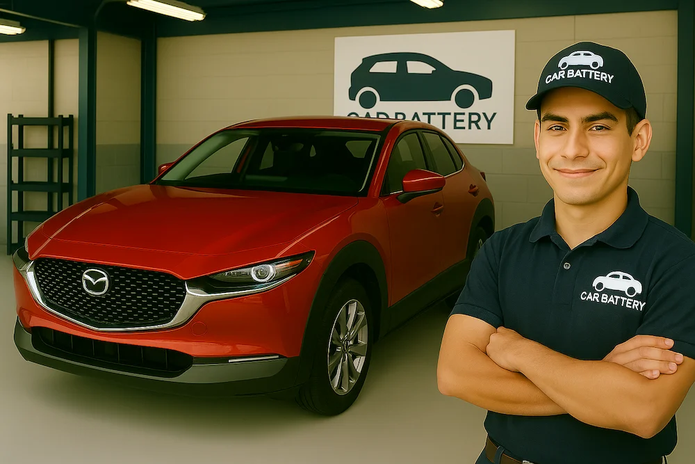 Taller carbattery mecanico frente a una Mazda CX-30