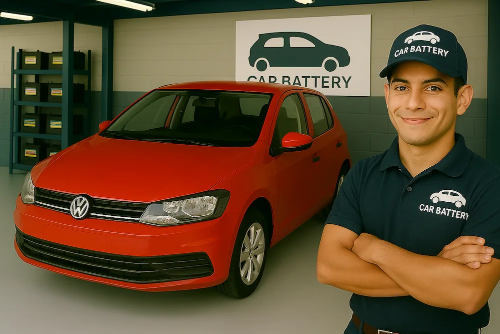 mecanico de carbattery frente a un Volkswagen Gol rojo