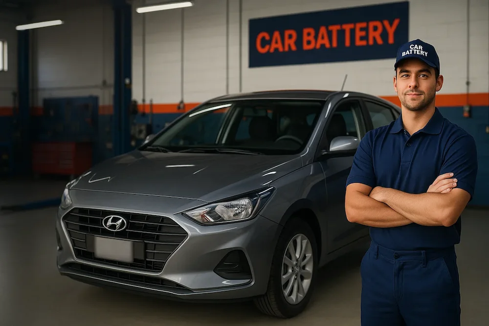 Técnico de Carbattery cambiando la batería de un Hyundai i25 en taller Bogotá.