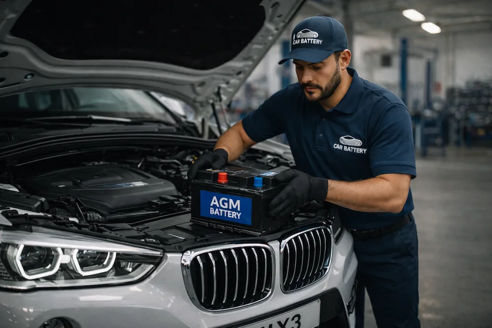Técnico cambiando batería a un BMW X3 en Bogotá