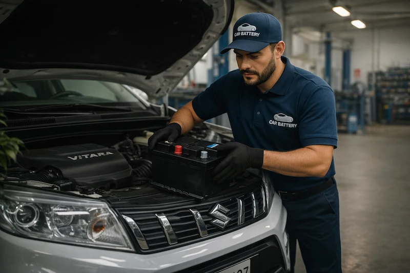 Tecnico de carbattery cambiando bateria vitara