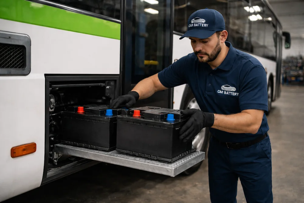 Técnico instalando batería a un bus en Bogotá.
