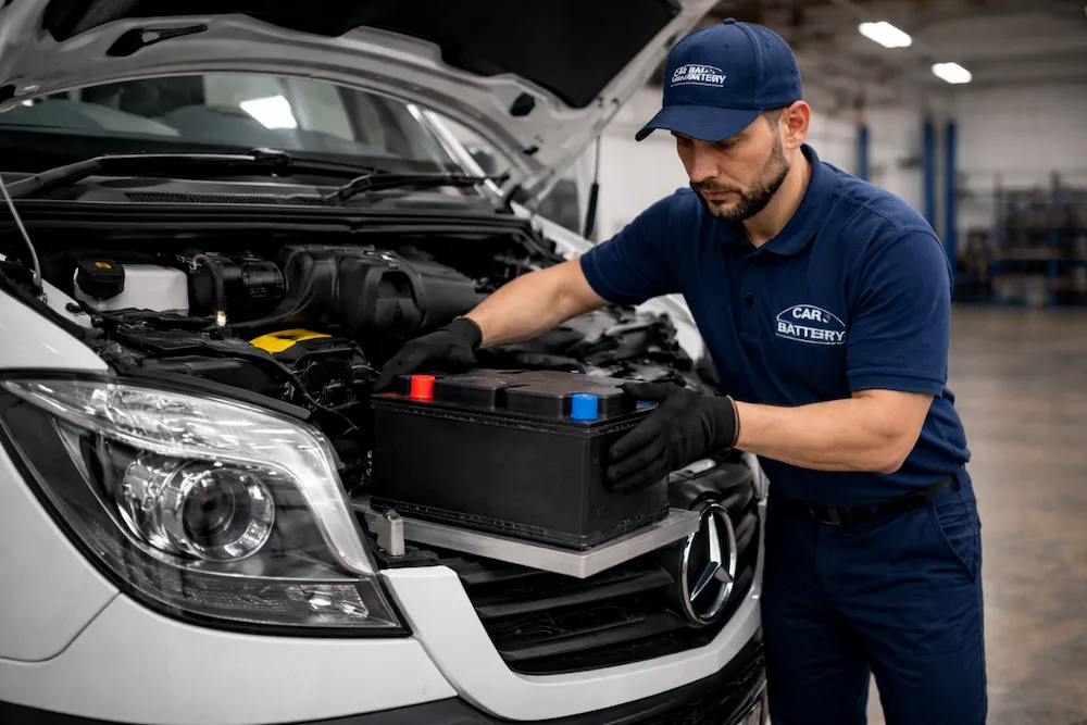 Técnico cambiando la batería de una van, en Bogotá.
