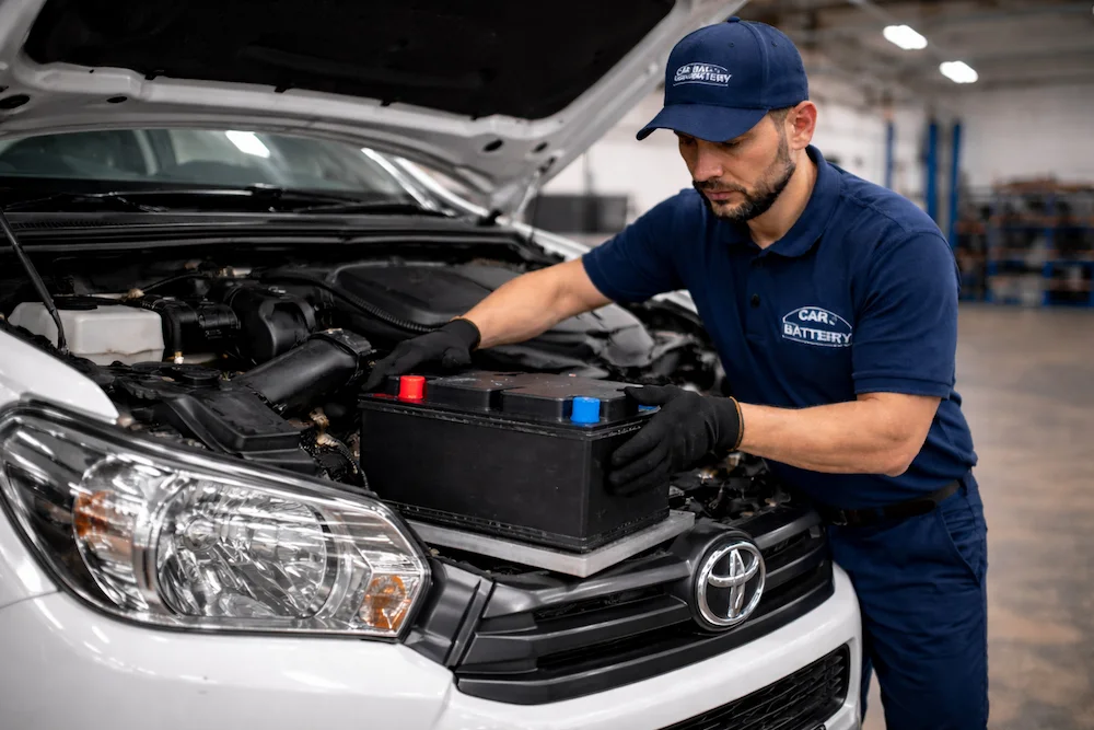 Técnico de Carbattery cambiando la batería de una camioneta en Bogotá.