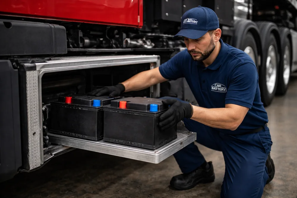 Técnico cambiando batería de tractomula en Bogotá.