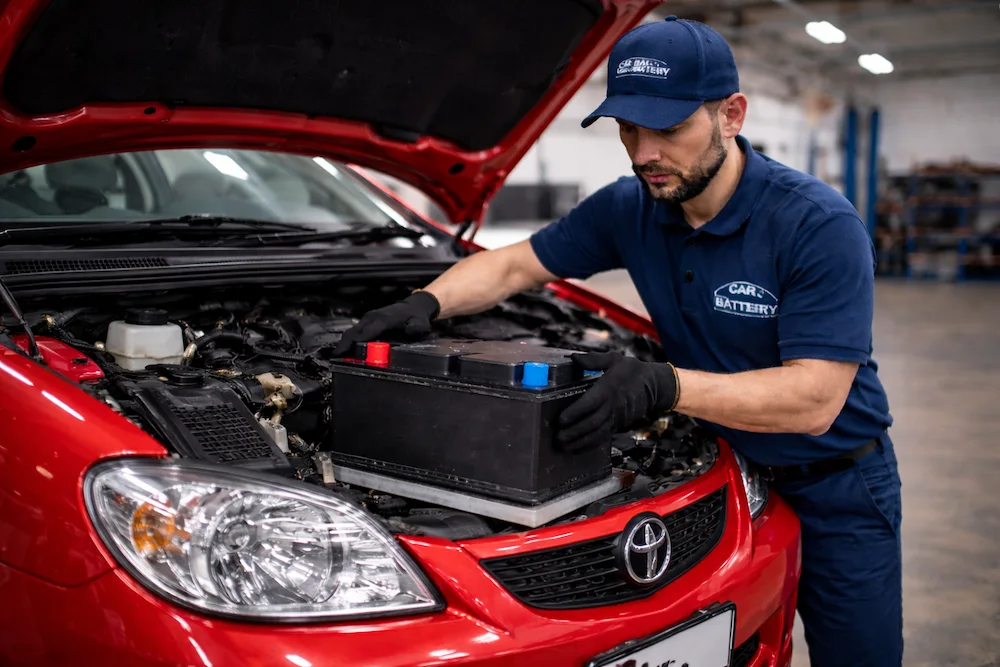 Tecnico cambiando la batería para Mazda 323 en Bogotá.