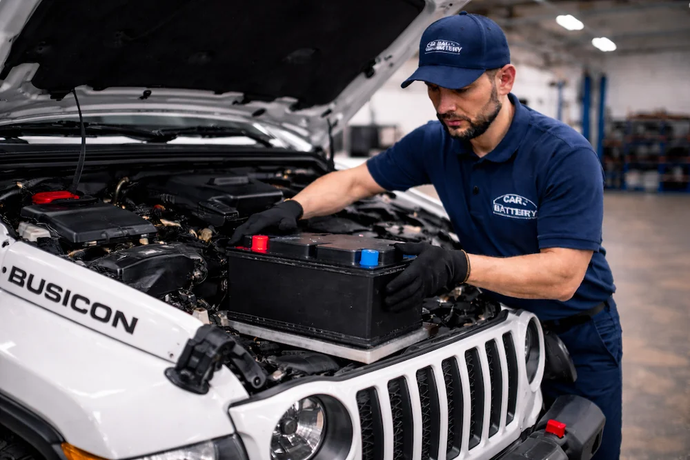 tecnico insytalando bateria de Jeep Wrangler Rubicon