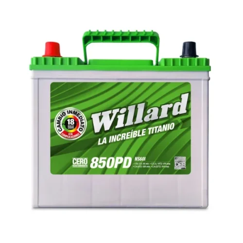 Batería NS60 para carro Willard 850PD de la línea Titanio con tapa y manija verde sobre cuerpo gris claro.