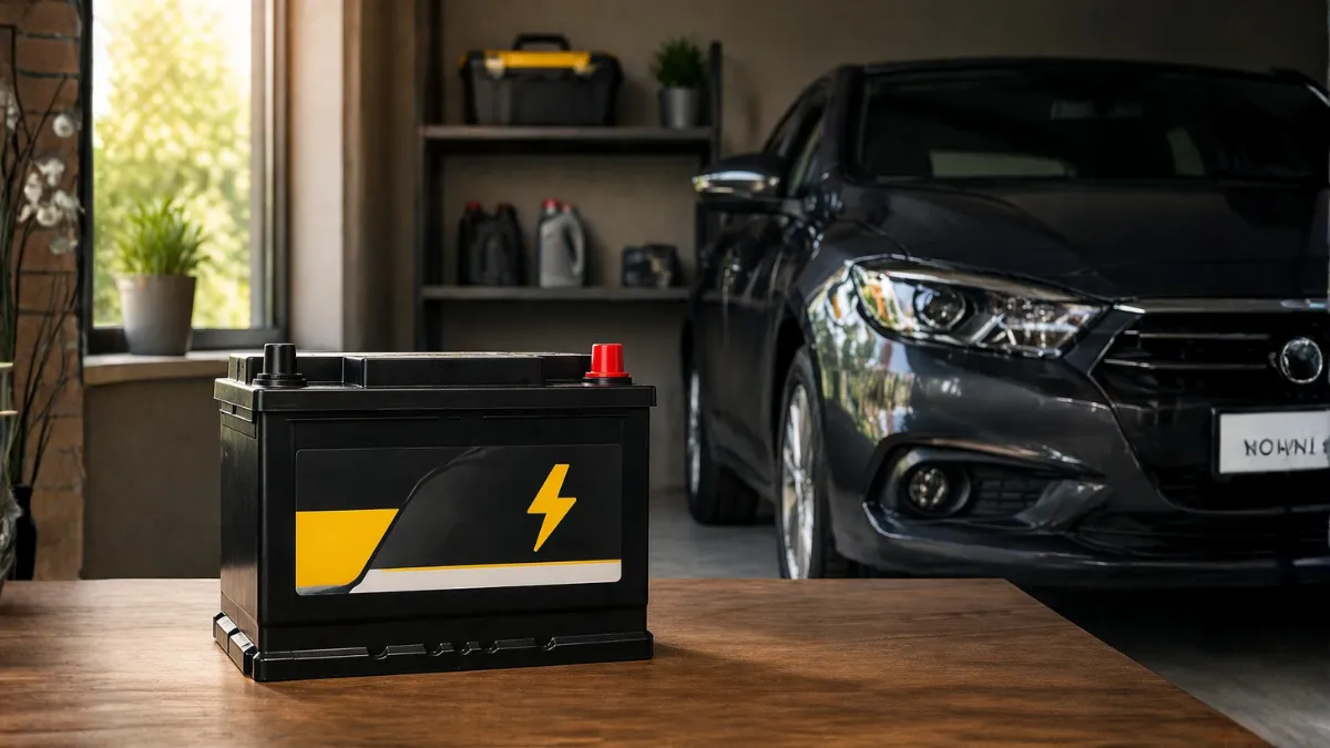 Batería negra frente a un vehículo estacionado en garaje para elegir la mejor batería para carro con poco uso.