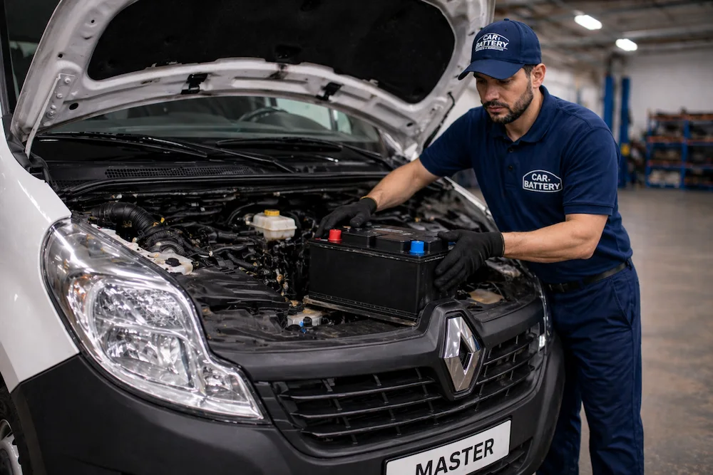 técnico cambiando batería a una Renault master
