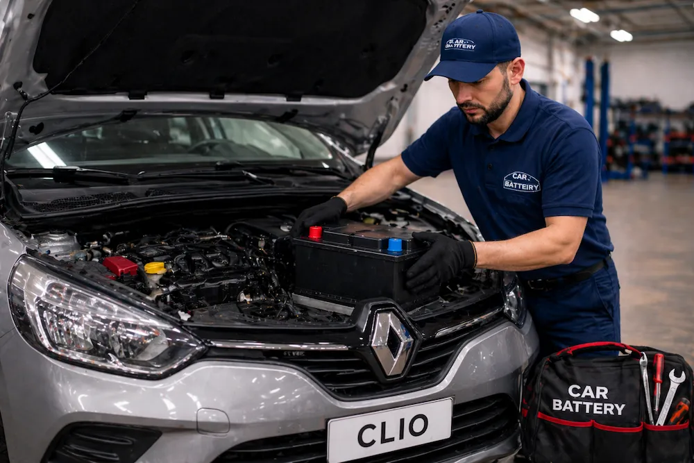 técnico car battery cambiando batería de Renault Clío