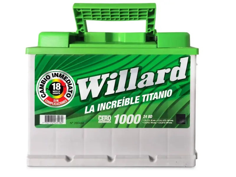 Batería Willard Caja 24bd 1000ca 800 de línea Titanio con tapa verde y etiqueta frontal Willard 1000 amperios de arranque.