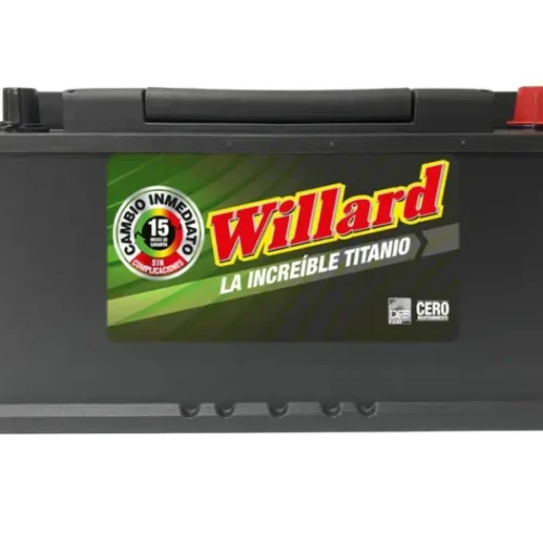 Batería Willard Caja 49-1250ca negra con etiqueta verde de la línea Titanio y protector de borne rojo.