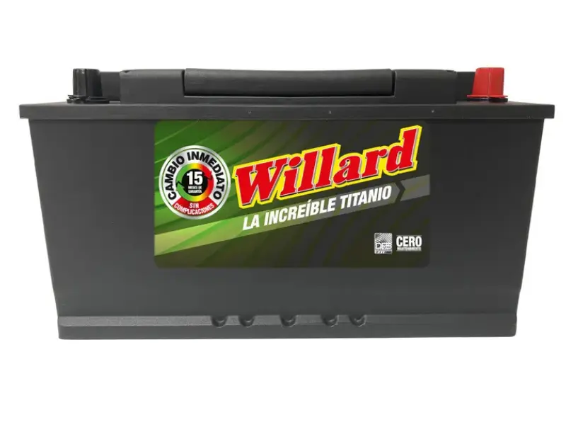 Batería Willard Caja 49-1250ca negra con etiqueta verde de la línea Titanio y protector de borne rojo.