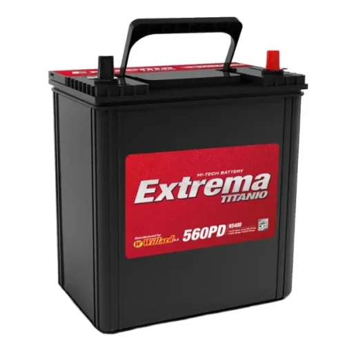 Batería Willard Extrema Caja Ns40D negra con etiqueta roja 560PD, asa de transporte y bornes de conexión superiores.